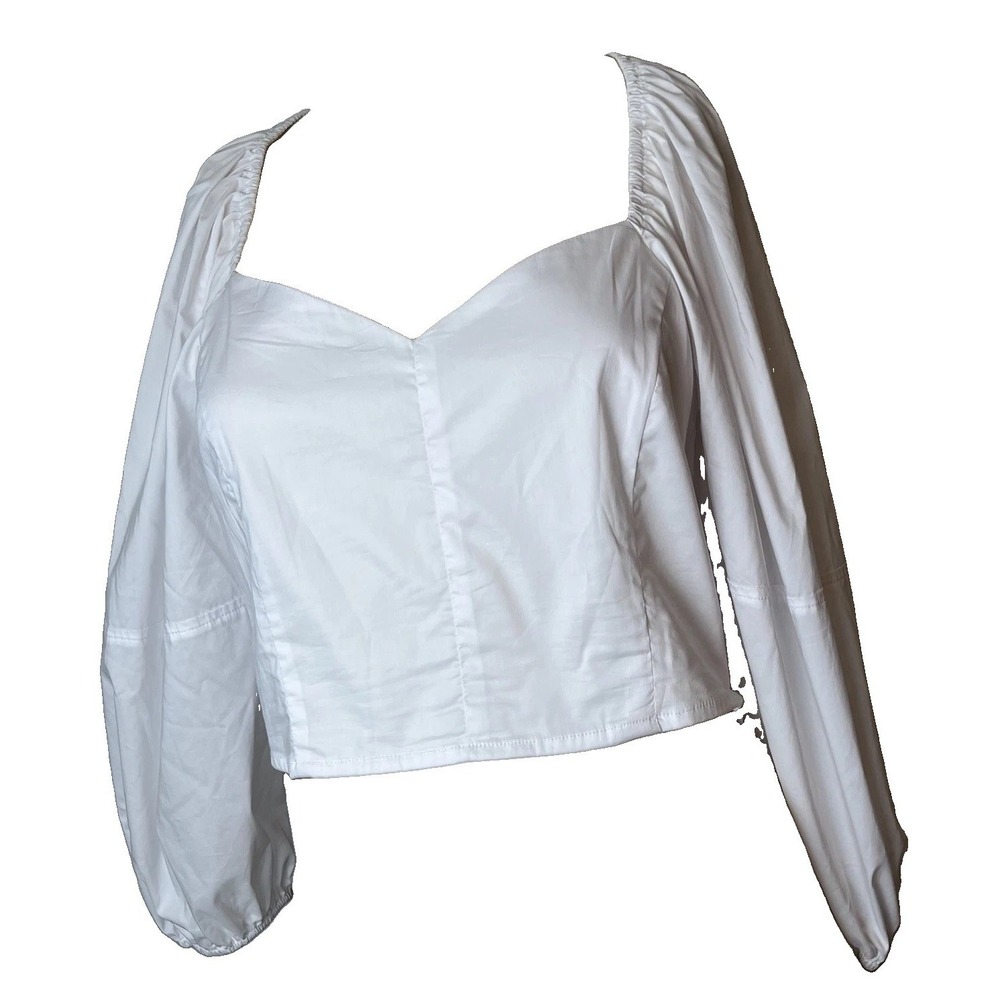 Buru Balloon Sleeve Bustier Cropped Top M, White Poplin | NEW $118
